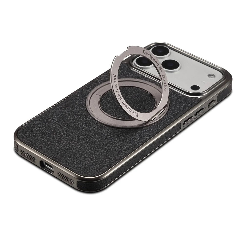 DENIOR A23+2 For iPhone 17 Pro Case Compatible with MagSafe Rotary Kickstand Leather Back Phone Cover - Black - 5