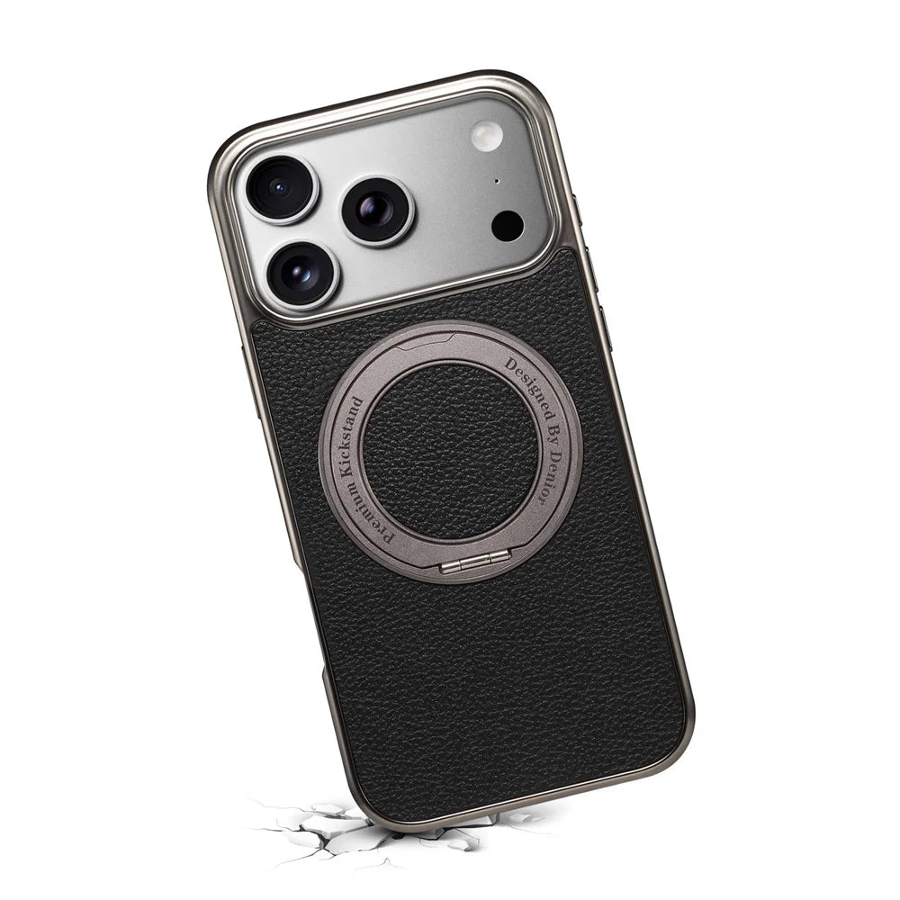 DENIOR A23+2 For iPhone 17 Pro Case Compatible with MagSafe Rotary Kickstand Leather Back Phone Cover - Black - 7
