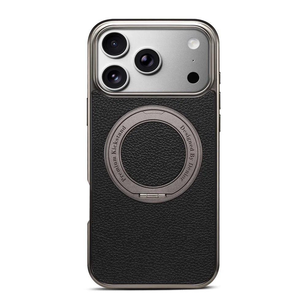 DENIOR A23+2 For iPhone 17 Pro Max Case Compatible with MagSafe Rotary Kickstand Leather Back Phone Cover - Black - 1