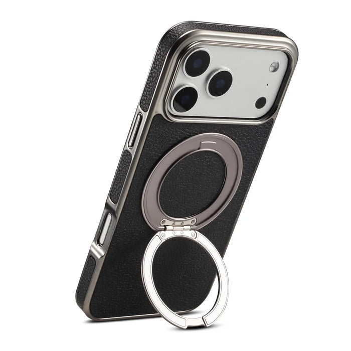 DENIOR A23+2 For iPhone 17 Pro Max Case Compatible with MagSafe Rotary Kickstand Leather Back Phone Cover - Black - 4