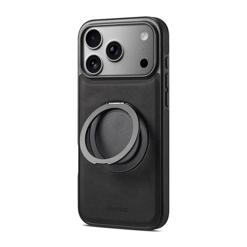 DENIOR A14 For iPhone 17 Pro Max Magnetic Case Rotary Kickstand Leather PC TPU Phone Cover - Black - 1