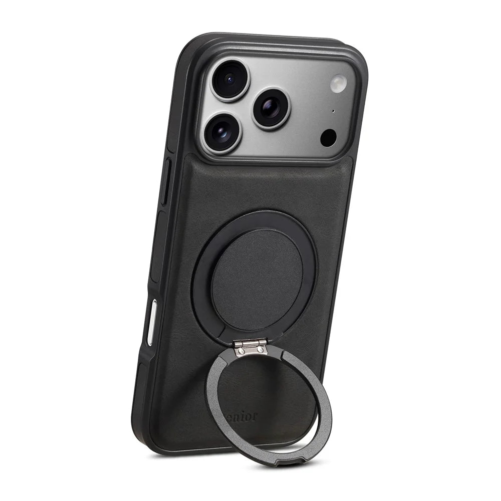 DENIOR A14 For iPhone 17 Pro Max Magnetic Case Rotary Kickstand Leather PC TPU Phone Cover - Black - 3