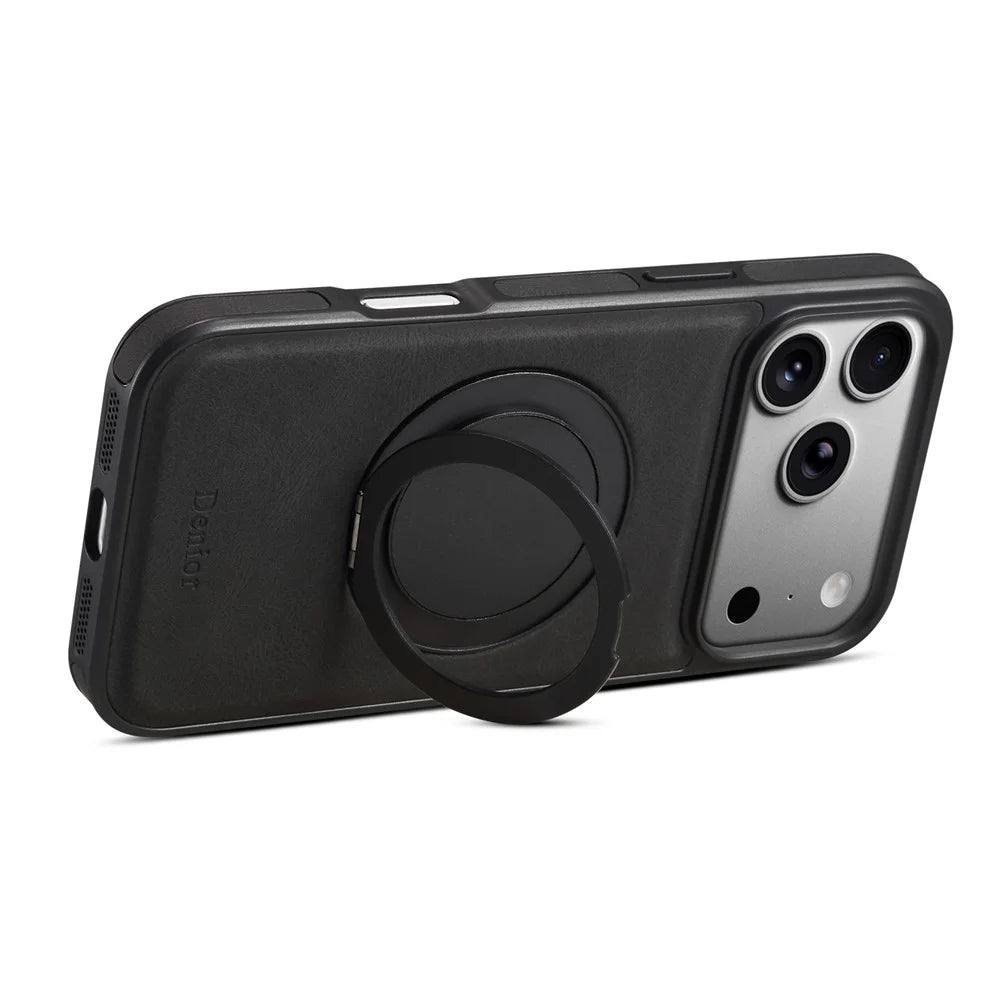 DENIOR A14 For iPhone 17 Pro Max Magnetic Case Rotary Kickstand Leather PC TPU Phone Cover - Black - 4