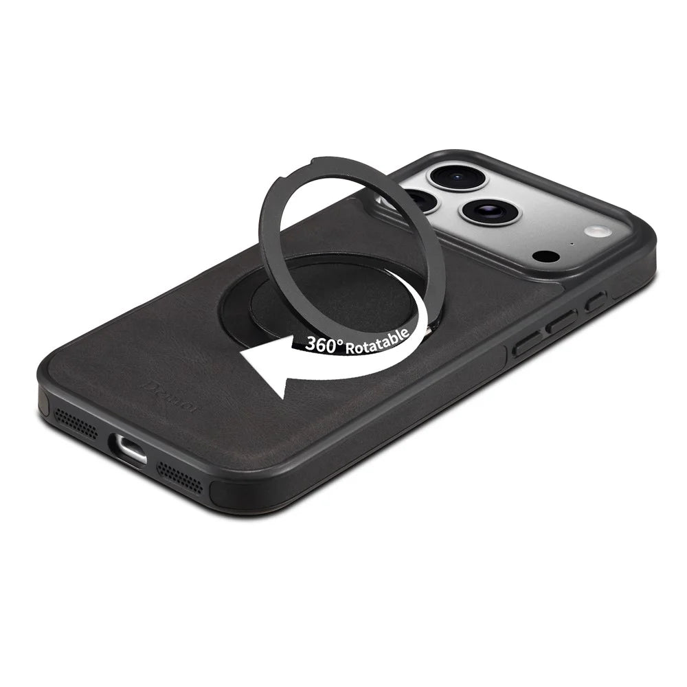 DENIOR A14 For iPhone 17 Pro Max Magnetic Case Rotary Kickstand Leather PC TPU Phone Cover - Black - 7