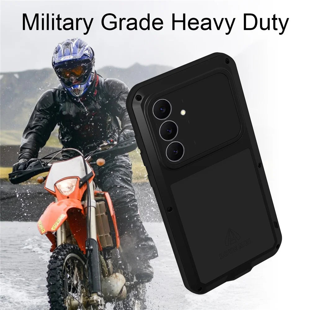 LOVE MEI For Samsung Galaxy S25 FE Case Tempered Glass Screen Protector Metal + Silicone Phone Cover - Black - 6