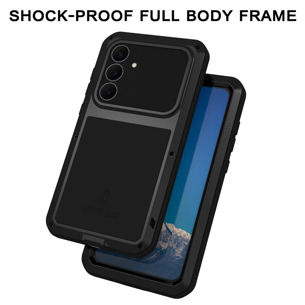 LOVE MEI For Samsung Galaxy S25 FE Case Tempered Glass Screen Protector Metal + Silicone Phone Cover - Black - 7
