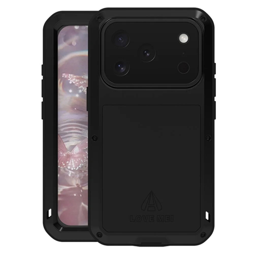 LOVE MEI For iPhone 17 Pro Case Tempered Glass Screen Protector Metal + Silicone Phone Cover - Black - 1