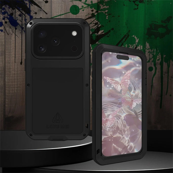 LOVE MEI For iPhone 17 Pro Case Tempered Glass Screen Protector Metal + Silicone Phone Cover - Black - 3