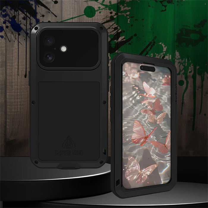 LOVE MEI For iPhone 17 Case Tempered Glass Screen Protector Metal + Silicone Phone Cover - Black - 3