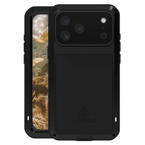 LOVE MEI For iPhone 17 Pro Max Case Tempered Glass Screen Protector Metal + Silicone Phone Cover - Black - 1