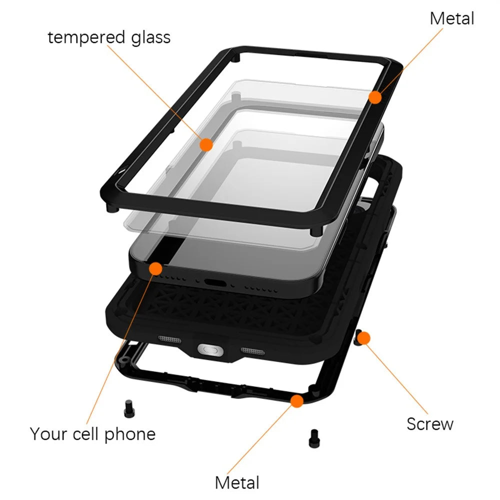 LOVE MEI For iPhone 17 Pro Max Case Tempered Glass Screen Protector Metal + Silicone Phone Cover - Black - 2