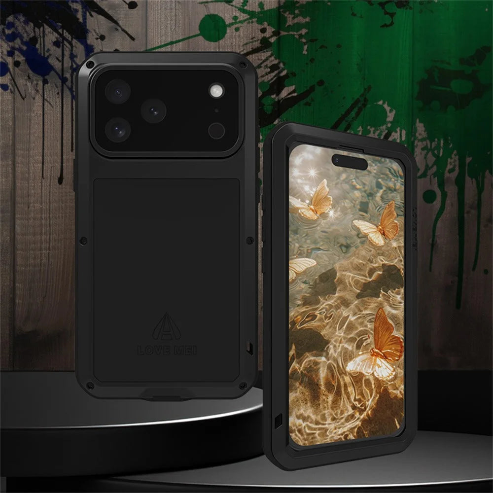 LOVE MEI For iPhone 17 Pro Max Case Tempered Glass Screen Protector Metal + Silicone Phone Cover - Black - 3