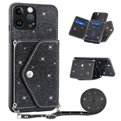For iPhone 15 Pro Max Case Card Holder Kickstand PU Leather + TPU Glitter Phone Cover with Shoulder Strap - Black - 1