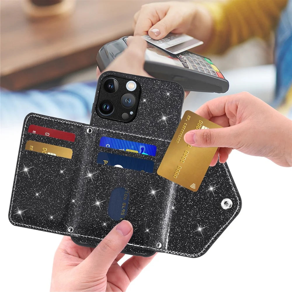 For iPhone 15 Pro Max Case Card Holder Kickstand PU Leather + TPU Glitter Phone Cover with Shoulder Strap - Black - 2