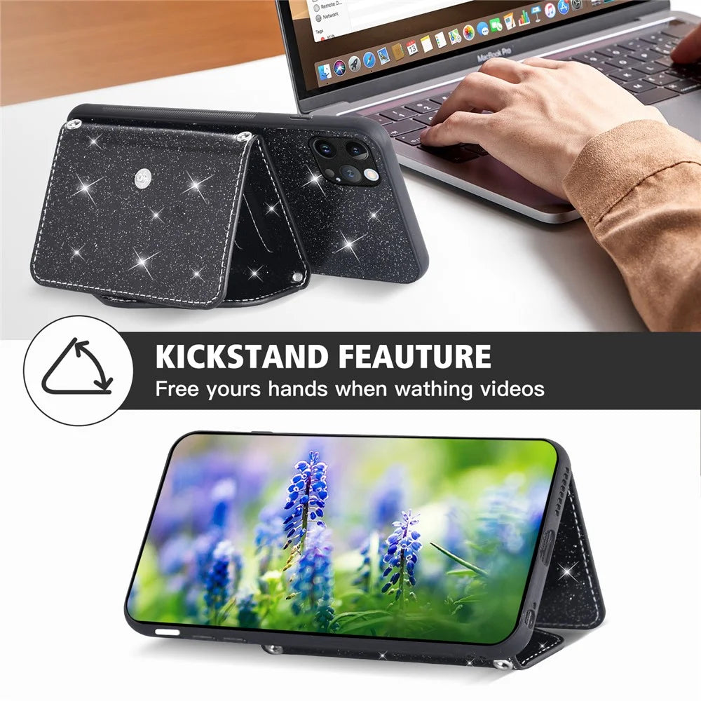 For iPhone 15 Pro Max Case Card Holder Kickstand PU Leather + TPU Glitter Phone Cover with Shoulder Strap - Black - 3