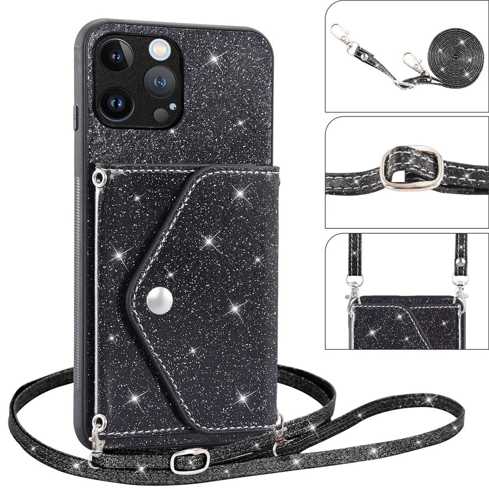 For iPhone 15 Pro Max Case Card Holder Kickstand PU Leather + TPU Glitter Phone Cover with Shoulder Strap - Black - 4