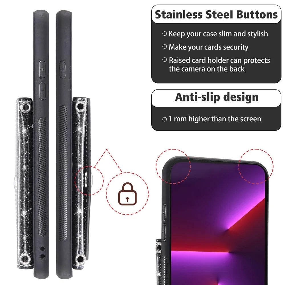 For iPhone 15 Pro Max Case Card Holder Kickstand PU Leather + TPU Glitter Phone Cover with Shoulder Strap - Black - 6