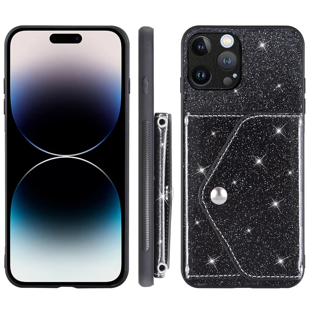 For iPhone 15 Pro Max Case Card Holder Kickstand PU Leather + TPU Glitter Phone Cover with Shoulder Strap - Black - 7
