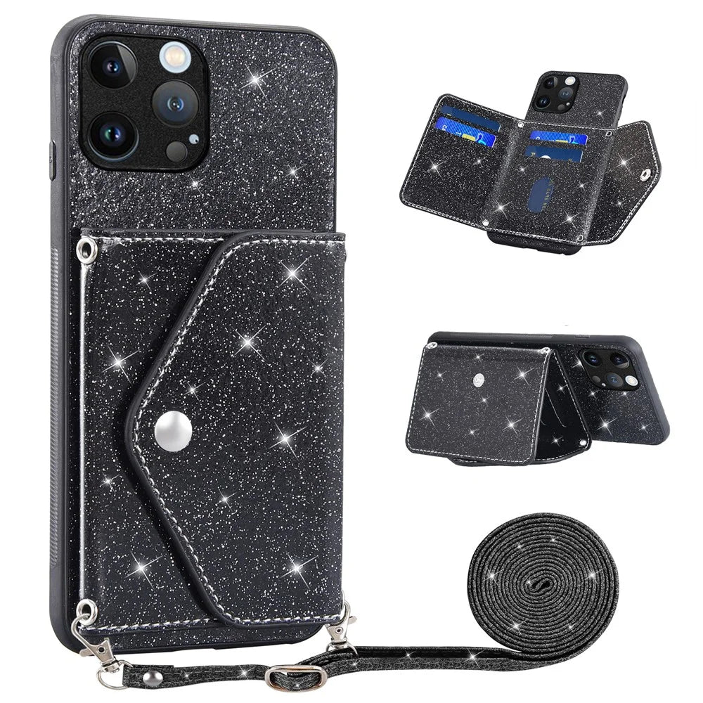For iPhone 15 Pro Case Card Holder Kickstand PU Leather + TPU Glitter Phone Cover with Shoulder Strap - Black - 1