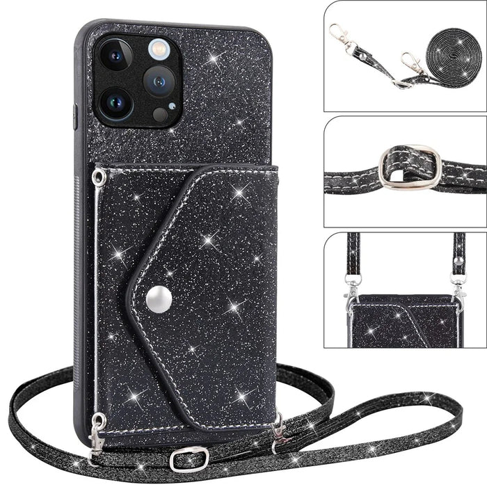 For iPhone 15 Pro Case Card Holder Kickstand PU Leather + TPU Glitter Phone Cover with Shoulder Strap - Black - 4
