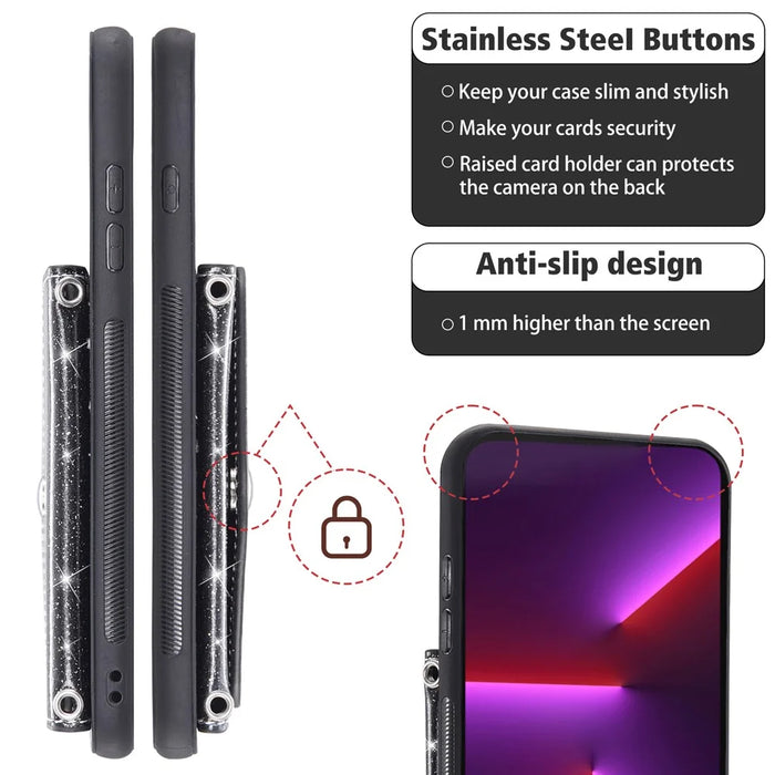 For iPhone 15 Pro Case Card Holder Kickstand PU Leather + TPU Glitter Phone Cover with Shoulder Strap - Black - 6