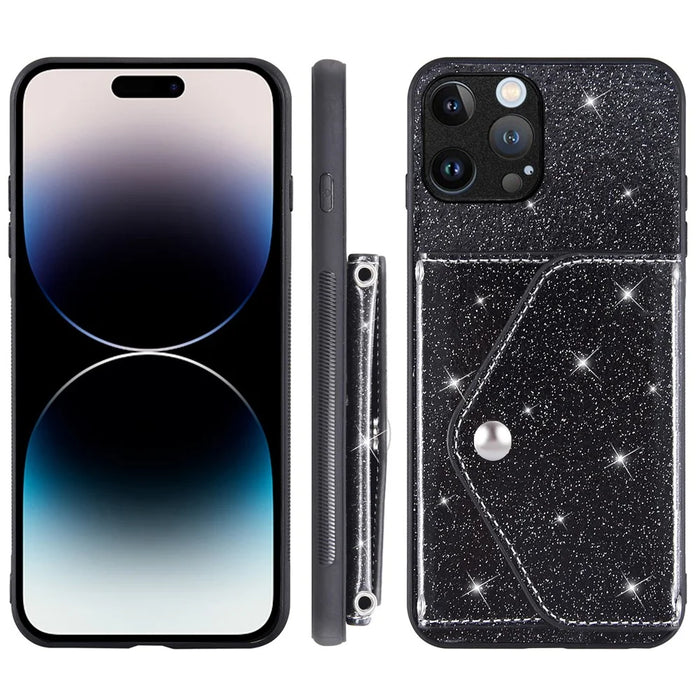 For iPhone 15 Pro Case Card Holder Kickstand PU Leather + TPU Glitter Phone Cover with Shoulder Strap - Black - 7