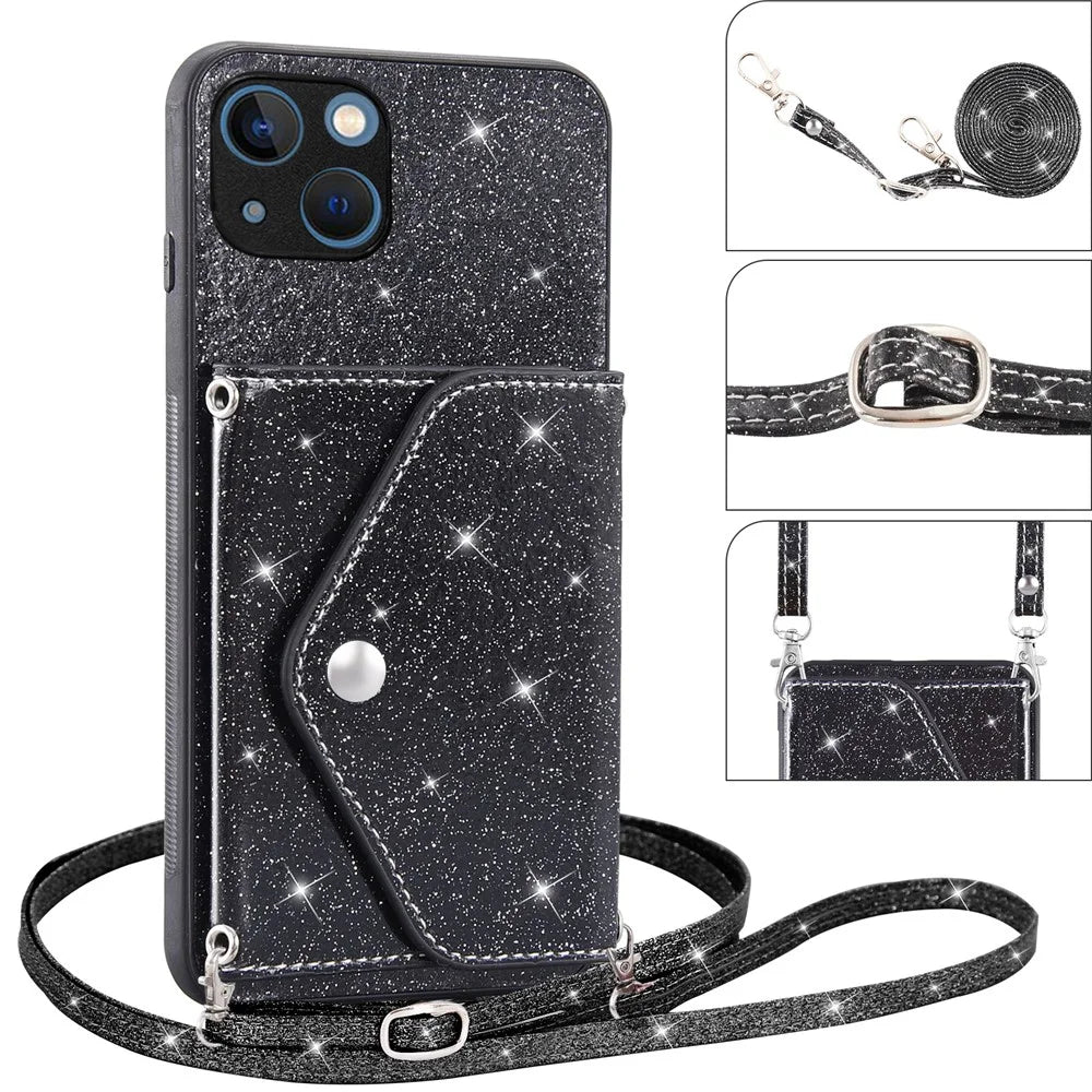 For iPhone 15 Case Card Holder Kickstand PU Leather + TPU Glitter Phone Cover with Shoulder Strap - Black - 4