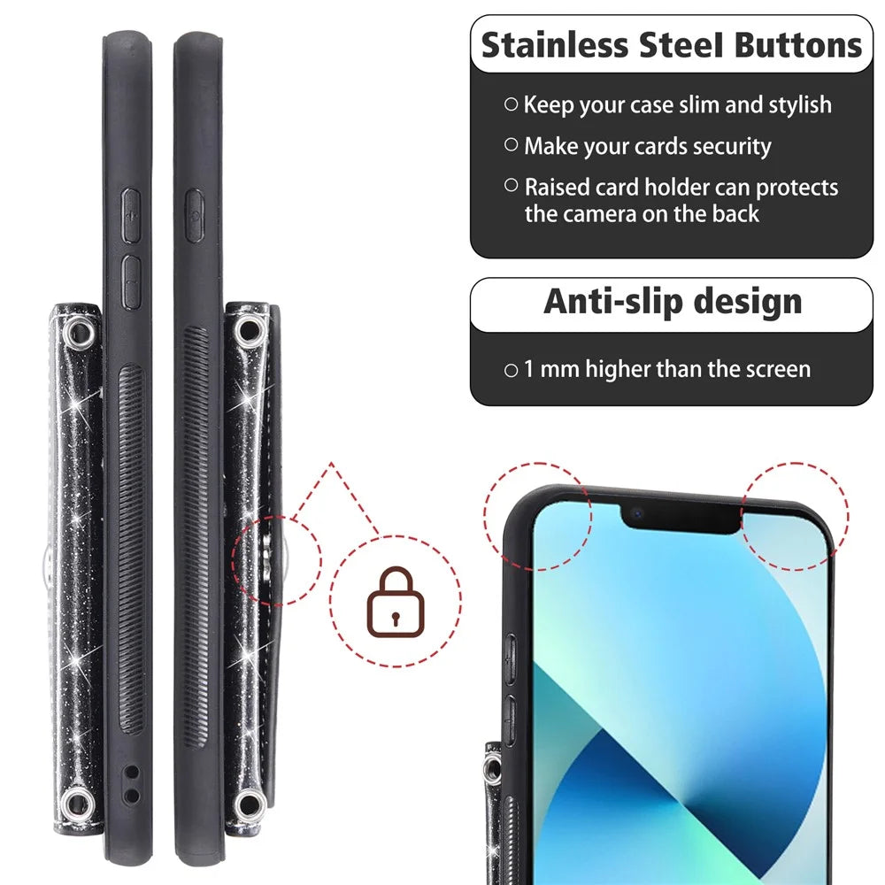 For iPhone 15 Case Card Holder Kickstand PU Leather + TPU Glitter Phone Cover with Shoulder Strap - Black - 6