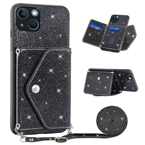 For iPhone 15 Plus Case Card Holder Kickstand PU Leather + TPU Glitter Phone Cover with Shoulder Strap - Black - 1