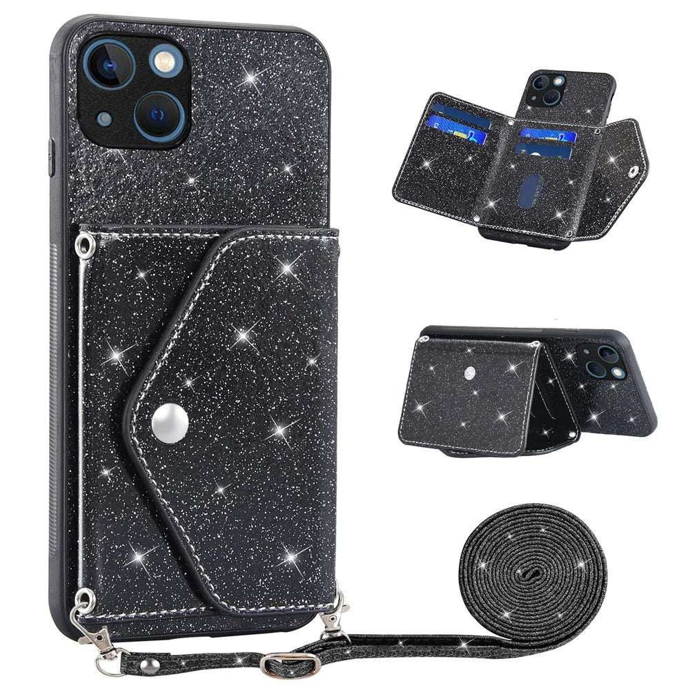 For iPhone 15 Plus Case Card Holder Kickstand PU Leather + TPU Glitter Phone Cover with Shoulder Strap - Black - 1