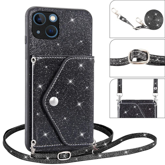 For iPhone 15 Plus Case Card Holder Kickstand PU Leather + TPU Glitter Phone Cover with Shoulder Strap - Black - 4