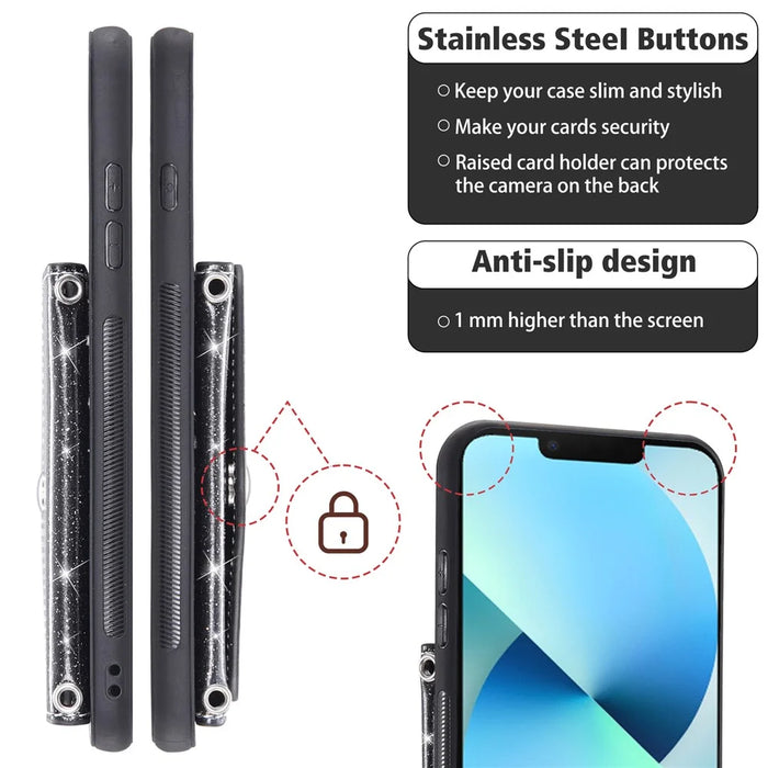 For iPhone 15 Plus Case Card Holder Kickstand PU Leather + TPU Glitter Phone Cover with Shoulder Strap - Black - 6