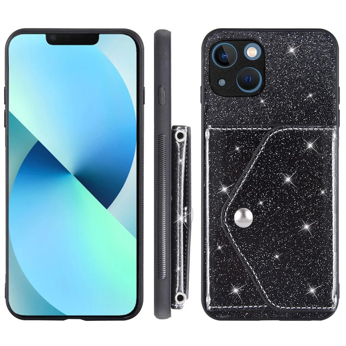 For iPhone 15 Plus Case Card Holder Kickstand PU Leather + TPU Glitter Phone Cover with Shoulder Strap - Black - 7