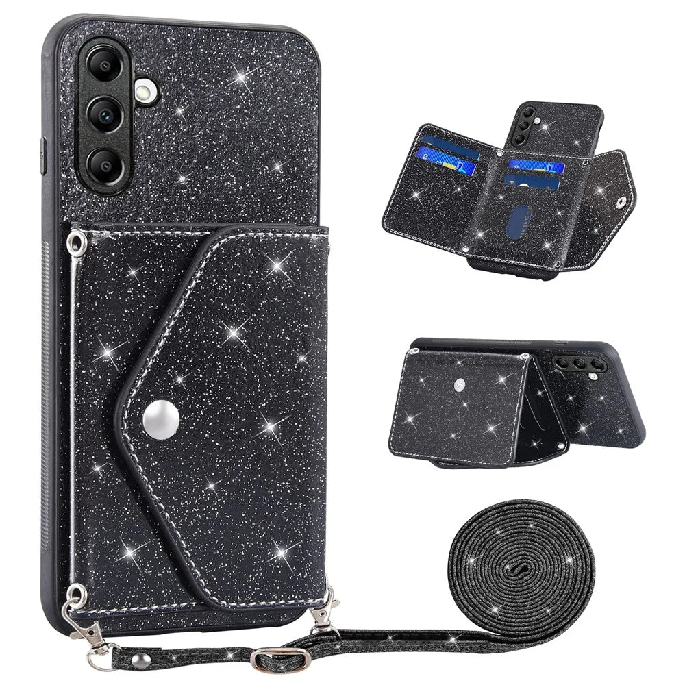 For Samsung Galaxy S25+ / S24+ Case Card Holder Kickstand PU Leather + TPU Glitter Phone Cover with Shoulder Strap - Black - 1