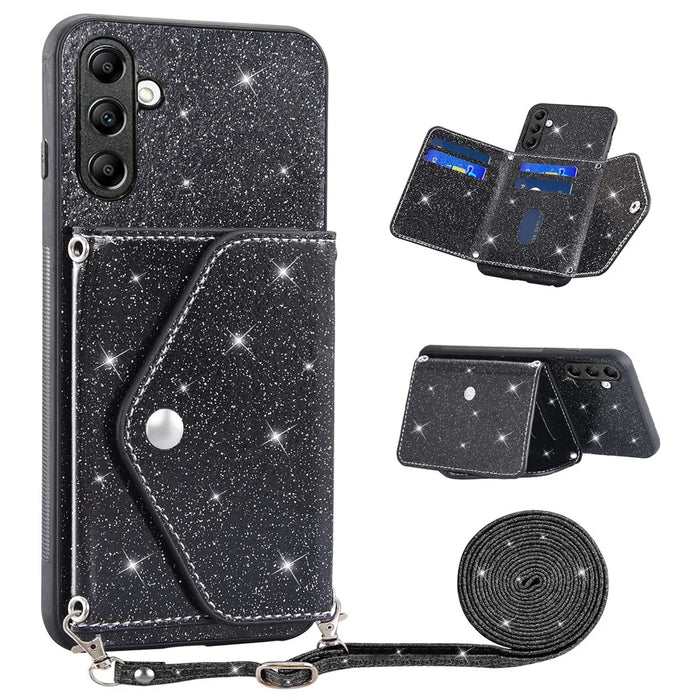 For Samsung Galaxy S25+ / S24+ Case Card Holder Kickstand PU Leather + TPU Glitter Phone Cover with Shoulder Strap - Black - 1