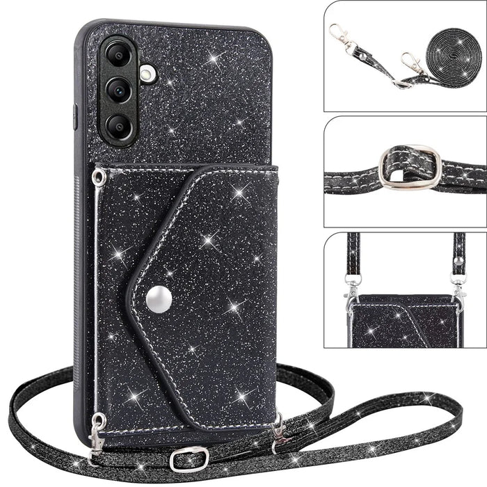For Samsung Galaxy S25+ / S24+ Case Card Holder Kickstand PU Leather + TPU Glitter Phone Cover with Shoulder Strap - Black - 2