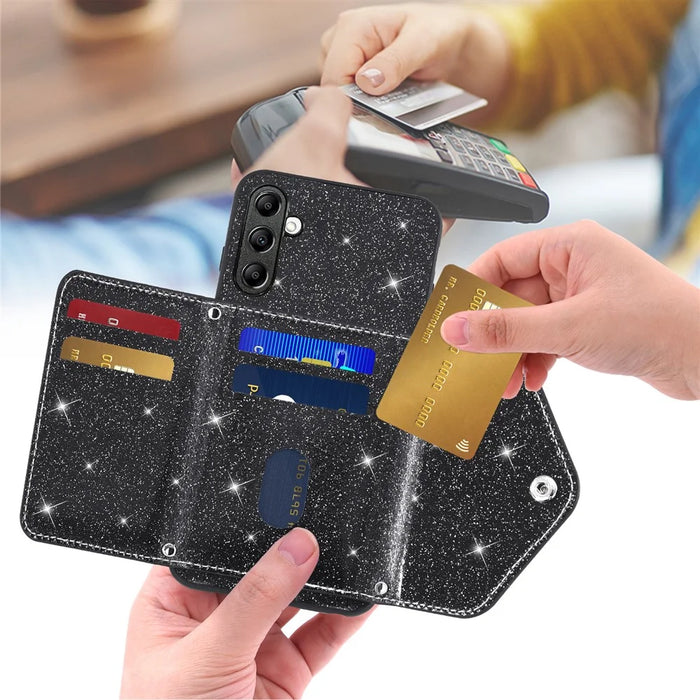 For Samsung Galaxy S25+ / S24+ Case Card Holder Kickstand PU Leather + TPU Glitter Phone Cover with Shoulder Strap - Black - 3