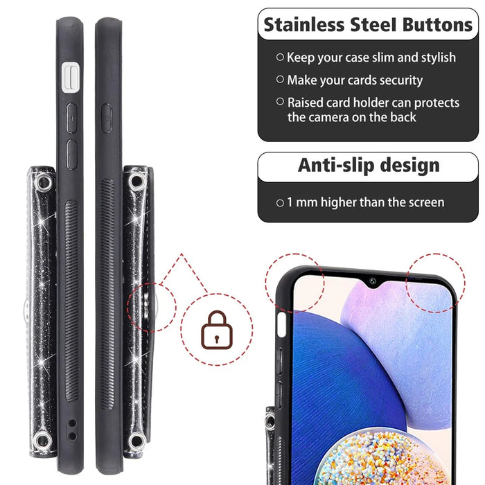 For Samsung Galaxy S25+ / S24+ Case Card Holder Kickstand PU Leather + TPU Glitter Phone Cover with Shoulder Strap - Black - 5