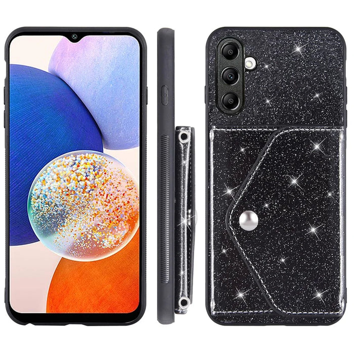 For Samsung Galaxy S25+ / S24+ Case Card Holder Kickstand PU Leather + TPU Glitter Phone Cover with Shoulder Strap - Black - 7