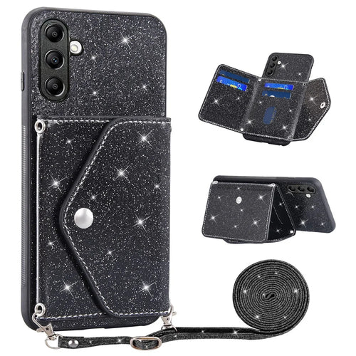 For Samsung Galaxy S25 FE Case Card Holder Kickstand PU Leather + TPU Glitter Phone Cover with Shoulder Strap - Black - 1
