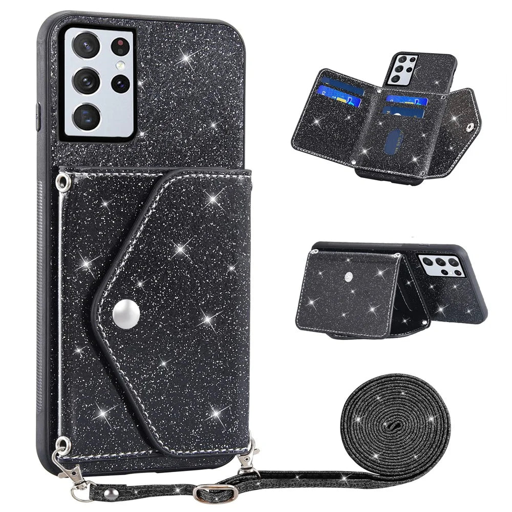 For Samsung Galaxy S25 Ultra Case Card Holder Kickstand PU Leather + TPU Glitter Phone Cover with Shoulder Strap - Black - 1