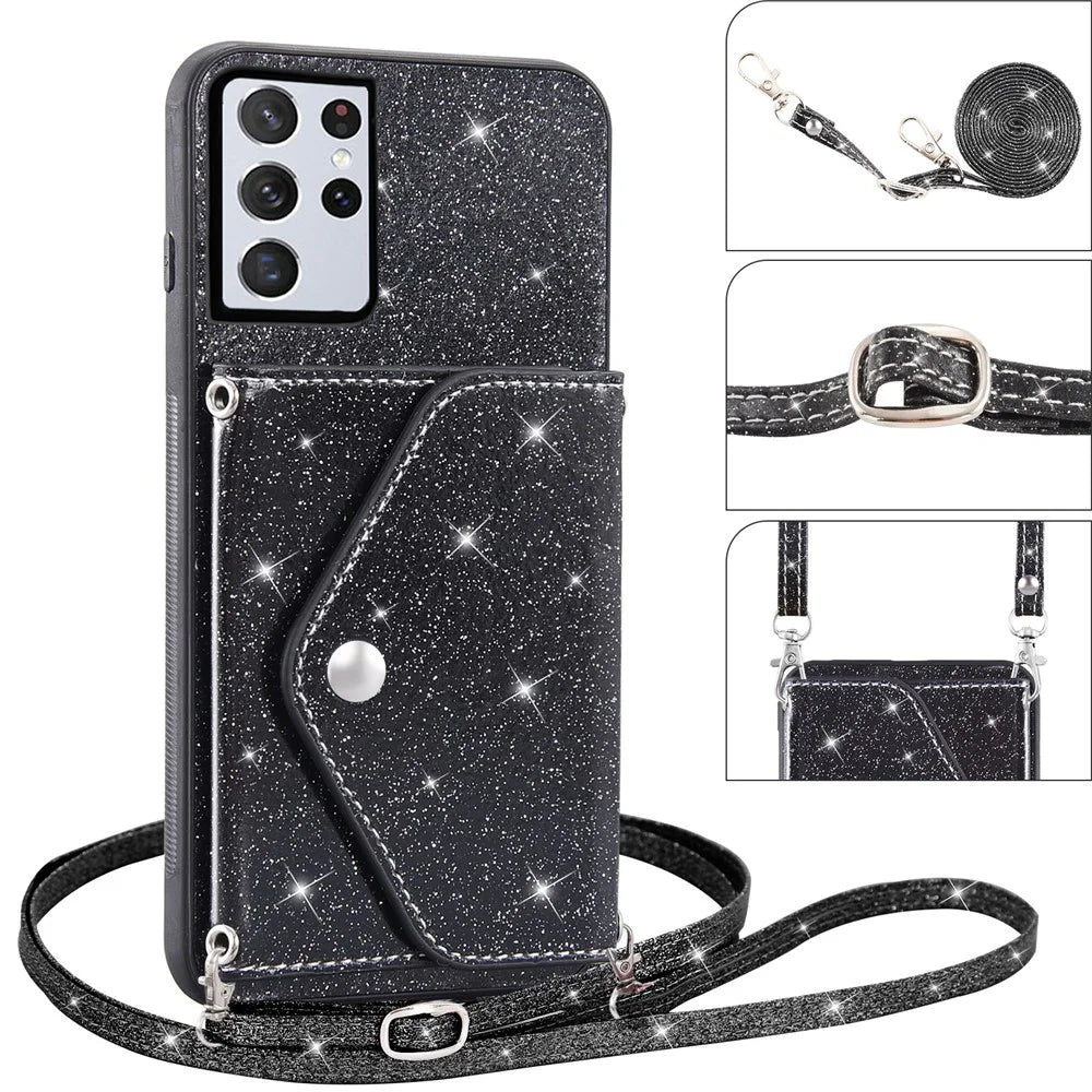 For Samsung Galaxy S25 Ultra Case Card Holder Kickstand PU Leather + TPU Glitter Phone Cover with Shoulder Strap - Black - 4