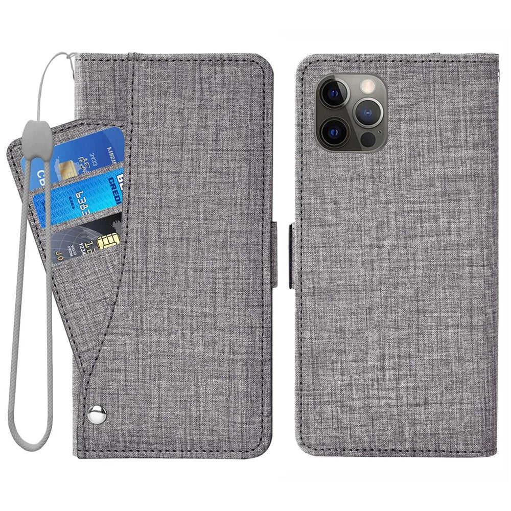 For iPhone 15 Pro Max Case Jean Cloth Texture PU Leather Wallet Phone Cover with Rotating Card Slots - Grey - 1