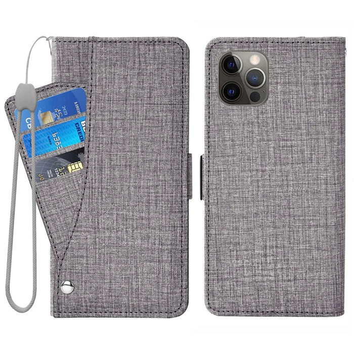 For iPhone 15 Pro Max Case Jean Cloth Texture PU Leather Wallet Phone Cover with Rotating Card Slots - Grey - 1