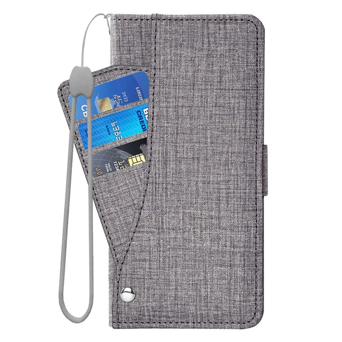 For iPhone 15 Pro Max Case Jean Cloth Texture PU Leather Wallet Phone Cover with Rotating Card Slots - Grey - 5