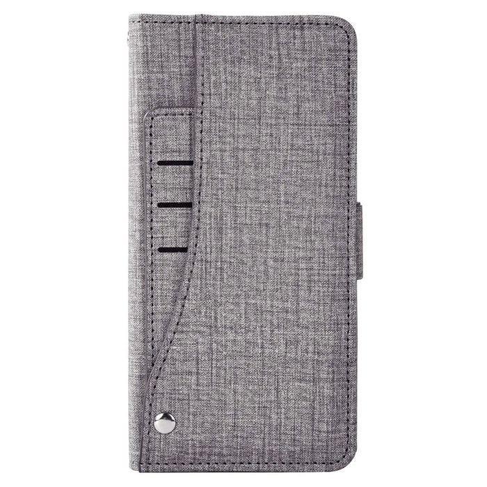 For iPhone 15 Pro Case Jean Cloth Texture PU Leather Wallet Phone Cover with Rotating Card Slots - Grey - 6
