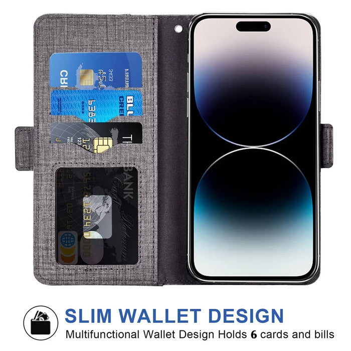 For iPhone 16 Pro Case Jean Cloth Texture PU Leather Wallet Phone Cover with Rotating Card Slots - Grey - 2