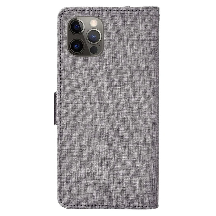 For iPhone 16 Pro Case Jean Cloth Texture PU Leather Wallet Phone Cover with Rotating Card Slots - Grey - 7