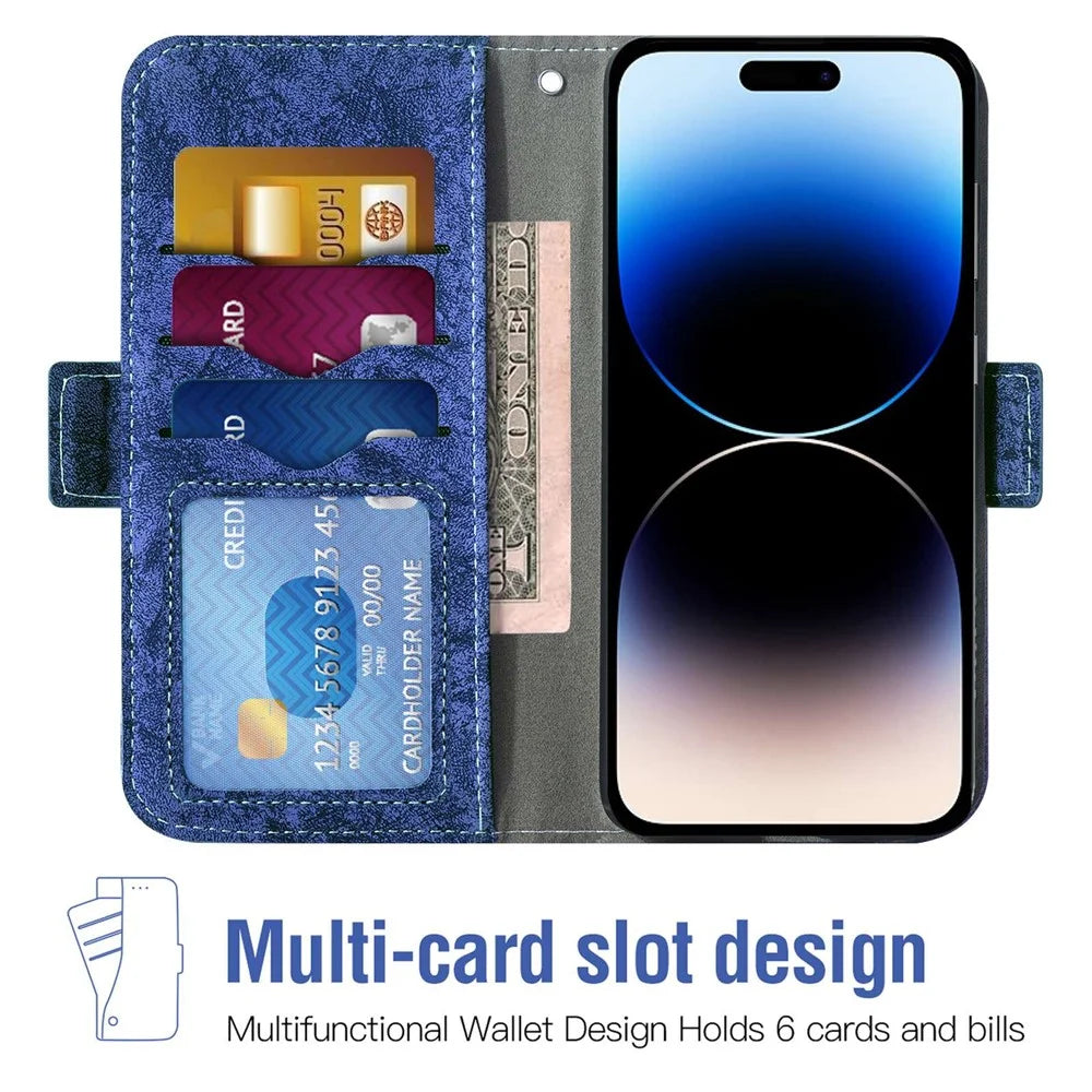For iPhone 15 Pro Max Case Water-ink Painting Wallet PU Leather Phone Cover with Rotating Card Slots - Blue - 2
