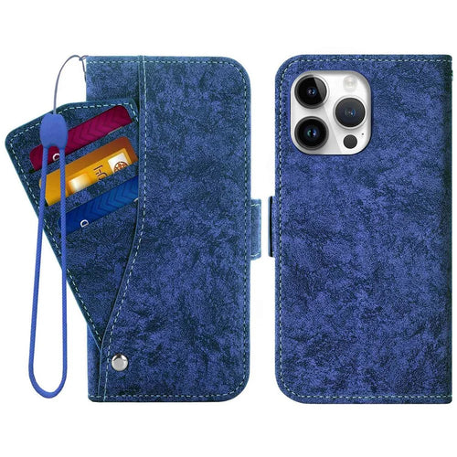 For iPhone 15 Pro Case Water-ink Painting Wallet PU Leather Phone Cover with Rotating Card Slots - Blue - 1